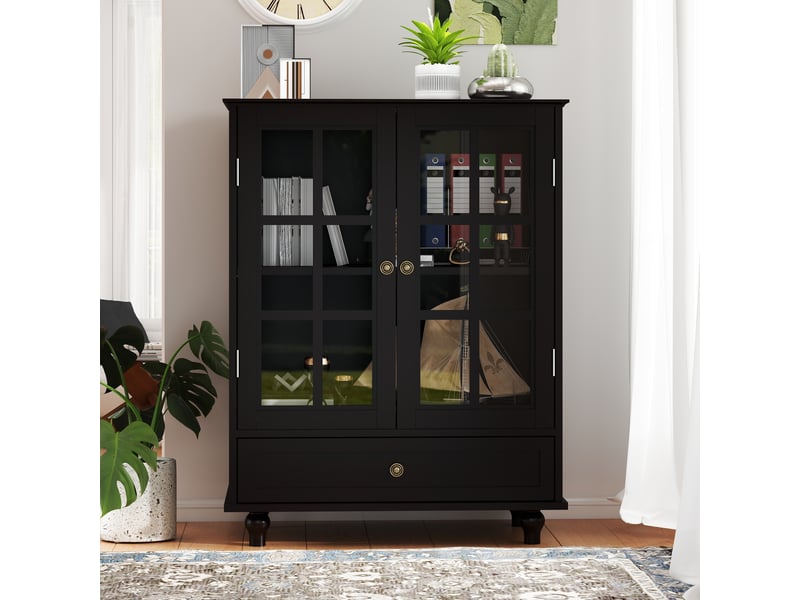 Buffet noir minimaliste avec doubles portes vitrées et tiroir, armoire de rangement en bois moderne pour salon, salle à manger, entrée et hall - Conforama D
