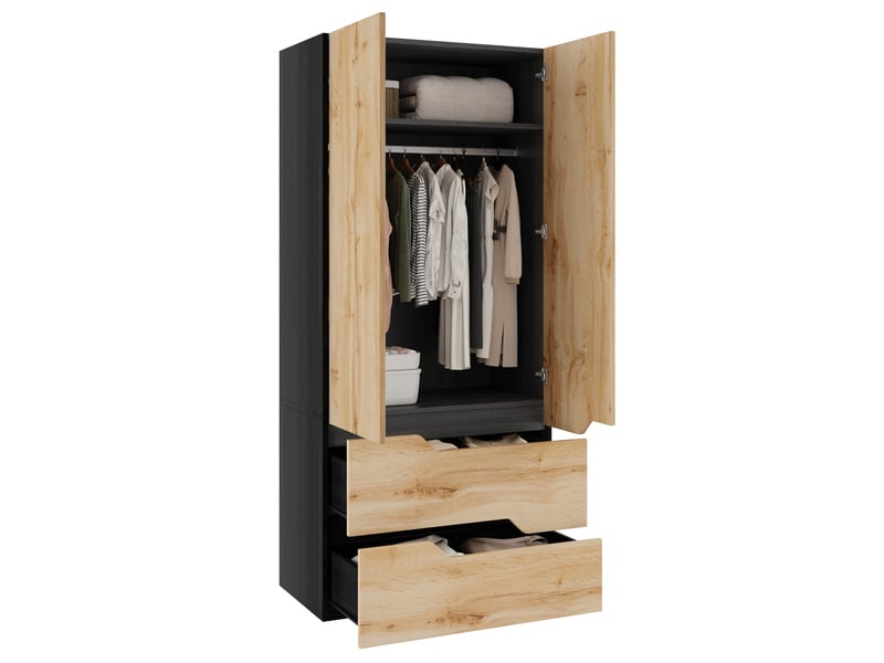  Armoire 90x50x200 cm 2 portes avec tringle, 2 tiroirs noir et bois  - Conforama A