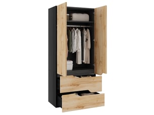 Armoire 90x50x200 cm 2 portes avec tringle, 2 tiroirs noir et bois