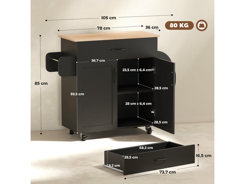  Dessert îlot de cuisine multi-rangements tiroirs placard 2 portes avec étagère réglable 105 x 36 x 85 cm noir  - Conforama C