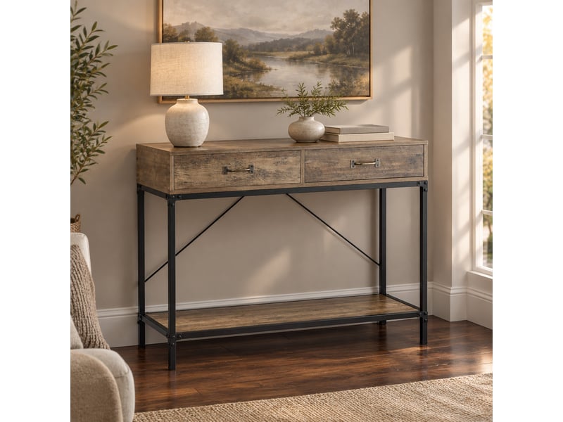  Console 100x35x76,5 cm en bois et métal avec 2 tiroirs marron et noir chicfurn  - Conforama B