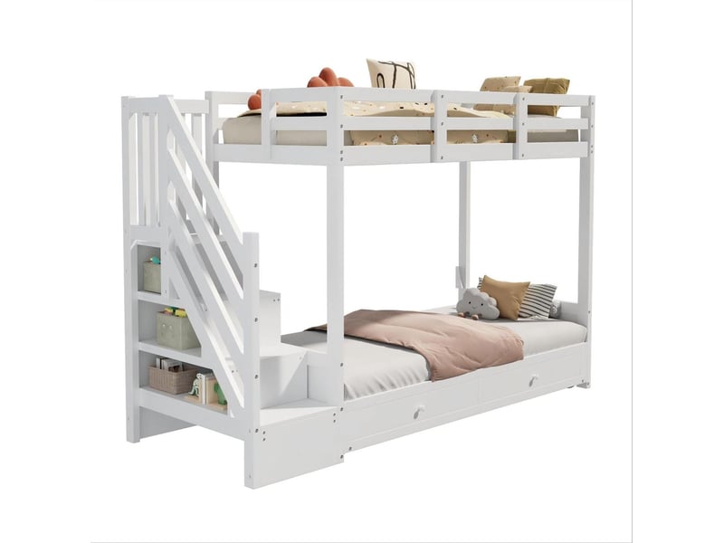  Lit superposé enfant 90x200 cm avec canapé, rangement et 2 tiroirs, blanc  - Conforama A