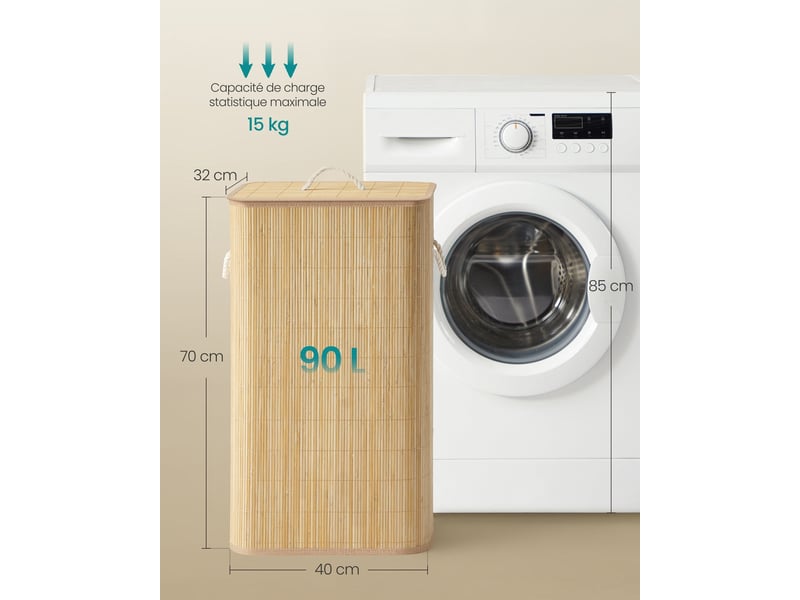  Panier à linge rectangulaire pliable avec couvercle 40 x 32 x 70 cm pratique design moderne en bambou naturel 12_0012420  - Conforama B