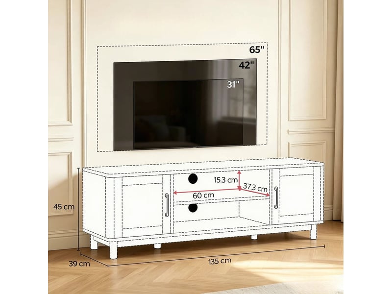  Meuble tv avec 2 portes, 2 niches ouvertes et passe-câbles, pour salon, finition chêne, 135 × 39 × 45 cm  - Conforama D