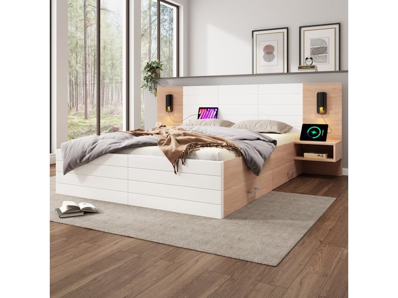  Lit avec tiroirs et chevets 180x200cm, chêne blanc, avec lampes de lecture 360° et ports de charge usb, 255×207x80cm Avec tiroirs et chevets - Conforama W