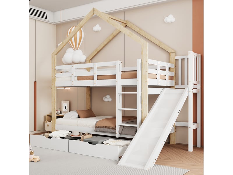  Lit superposé maison 90x200 cm, lit enfant, toboggan, 2 tiroirs, échelle 3 marches, mdf, blanc et naturel, sans matelas  - Conforama D