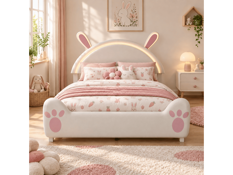 Lit double 140x200 cm avec tête de lit en forme de lapin, lit 2 placeavec led, lit fille avec sommier à lattes, lit rembourré pour filles garçons, velours, blanc + rose - Conforama A