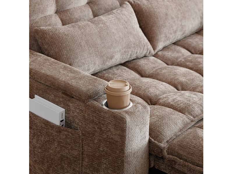  Canapé convertible 3 en 1 142 x 89 x 89 cm marron en chenille, rangement, porte-gobelets et couchage  - Conforama E