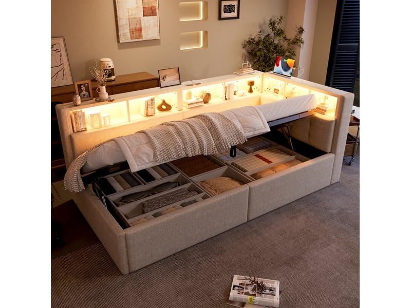  Modenvie lit de jour 90x200 cm - avec led multicolore, rangements et ports usb-c - sans matelas - beige  - Conforama E