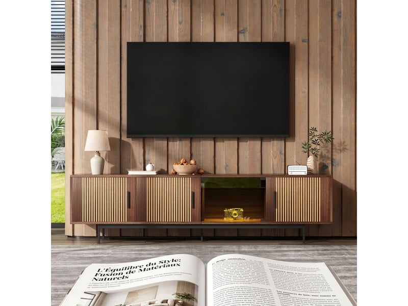  Meuble tv 200 cm noyer et noir avec led et portes en verre  - Conforama D