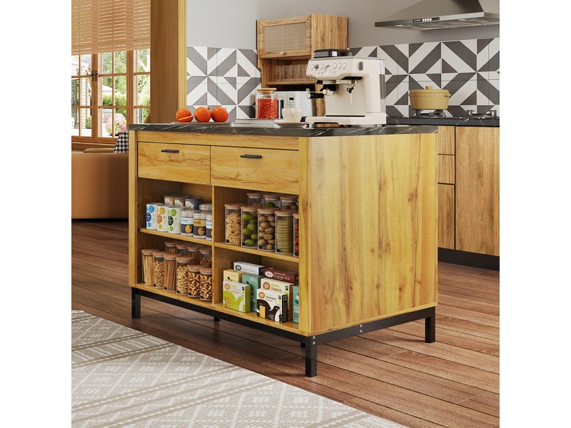  Îlot de cuisine 120cm avec 2 tiroirs et 4 étagères, table de bar style rustique en bois de chêne et marbre noir, meuble de rangement  - Conforama R