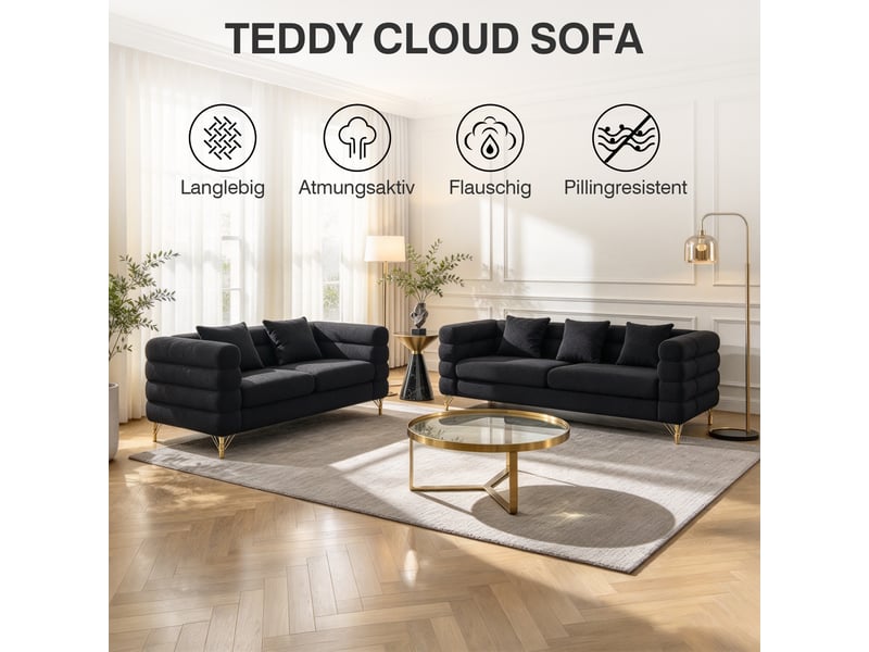 Canapé nuage noir en tissu bouclette, 205,7 x 81 x 71 cm, pieds en métal doré, coussins décoratifs, dossier ondulé - Conforama B