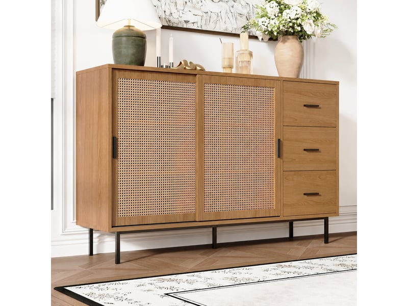 Buffet avec 2 portes coulissantes en rotin, 3 tiroirs et étagères réglables, naturel, 140 x 37 x 91 cm - Conforama D