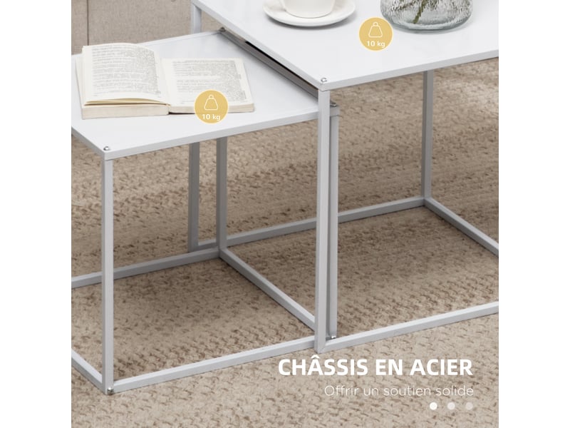  Lot de 2 tables basses gigognes, lot de 2 tables gigognes de salon, modulables, style industriel, en acier, blanc mat  - Conforama R