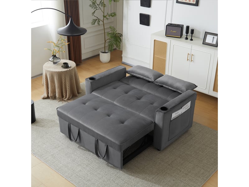 Canapé convertible 2 places en velours avec fonction lit, dossier inclinable 3 positions, porte-gobelets, poches de rangement et coussins inclus - gris - Conforama C