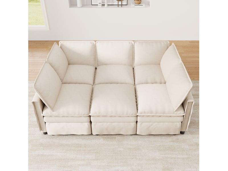  Canapé modulable modenvie xxl 6 places avec fonction couchage, configuration en u ou l, pouf mobile, chenille beige, 344 x 127 x 91 cm  - Conforama E