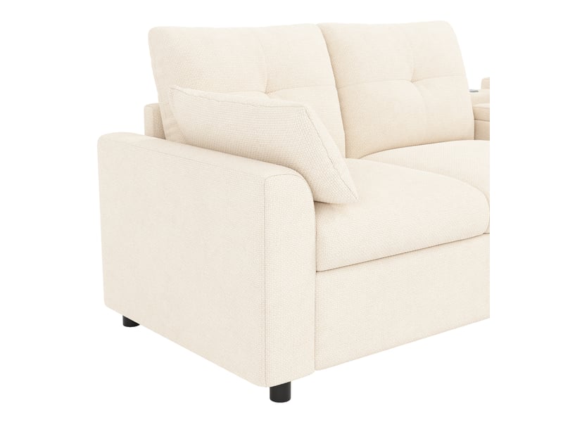  Canapé d'angle modulaire 316x140 cm avec 2 poufs de rangement, console centrale, chenille, bois, beige  - Conforama D