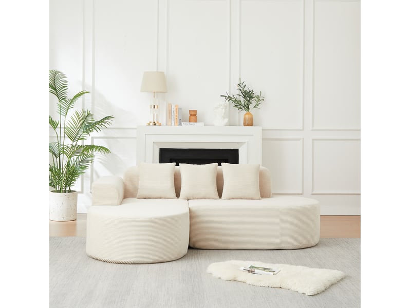 Canapé d'angle 4 places à méridienne incurvée avec accoudoirs arrondis, en velours côtelé beige, 220 × 155 × 70 cm - Conforama D