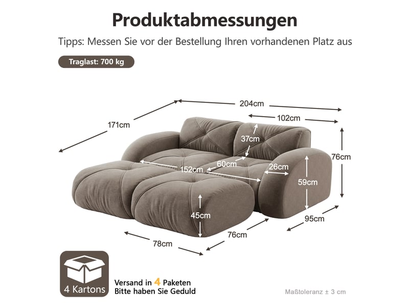 Canapé modulaire 2 places avec 2 poufs en chenille taupe - Conforama E