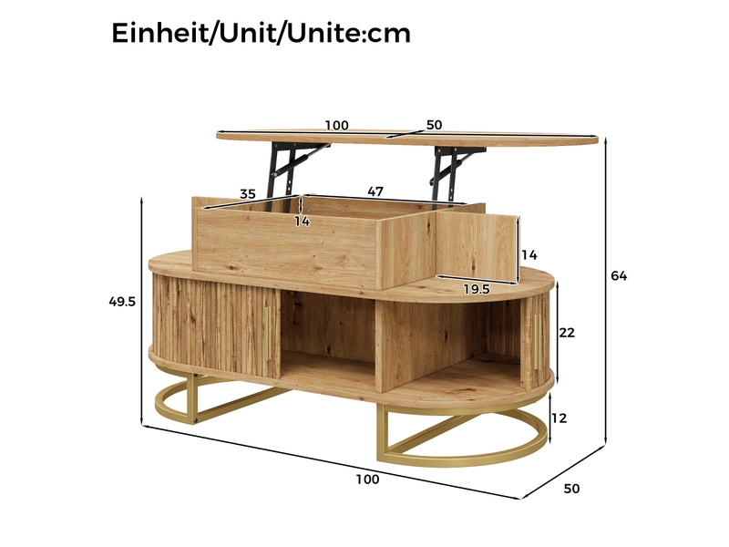  Table basse ovale 100 x 50 x 64 cm en mdf réglable en hauteur avec rangement naturel chicfurn  - Conforama D
