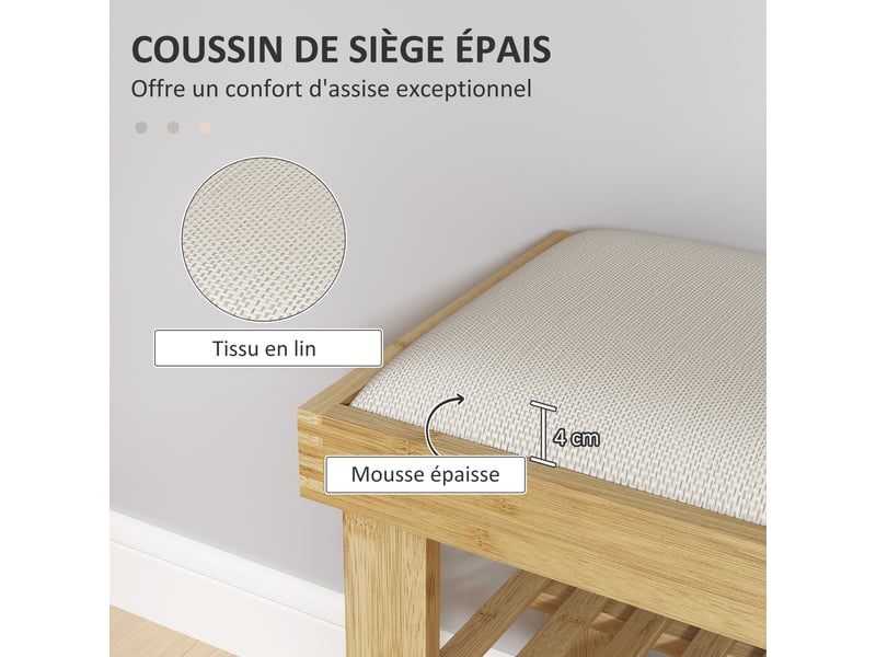  Banc à chaussures en bambou, étagère à chaussures à 3 niveaux, style scandinave, crème et bois naturel, 60 x 29 x 49 cm  - Conforama A