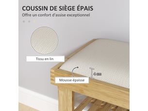 Banc à chaussures en bambou, étagère à chaussures à 3 niveaux, style scandinave, crème et bois naturel, 60 x 29 x 49 cm