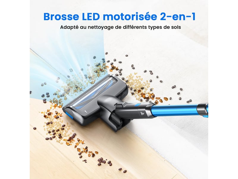  Aspirateur balai sans fil bleu avec écran led, brosse rouleau souple, aspiration 26 kpa, autonomie jusqu'à 45 min  - Conforama E
