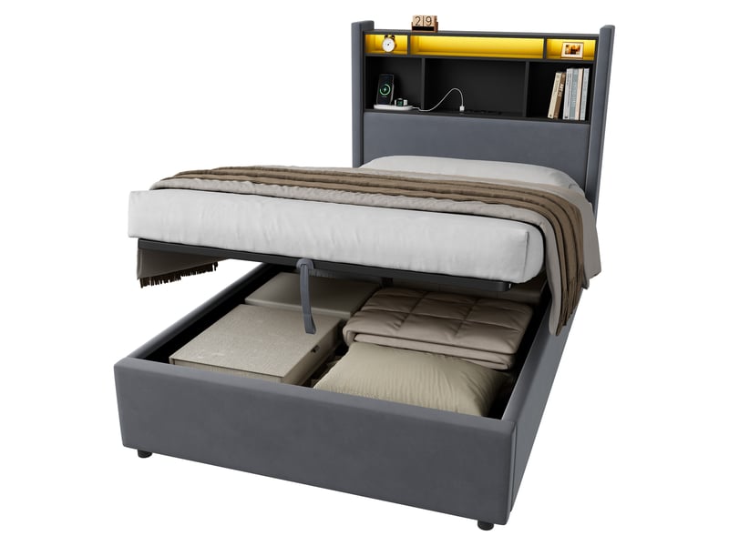  Lit simple 90×200 cm, led, prises et rangements ouverts en tête de lit, lit rembourré avec veilleuse, sans matelas - gris  - Conforama A