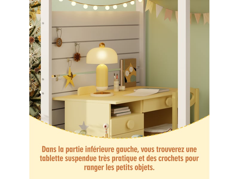  Lit superposé enfant 90x200 cm, escalier avec rangements, fenêtre, barrière, pin et mdf blanc, sans matelas  - Conforama E