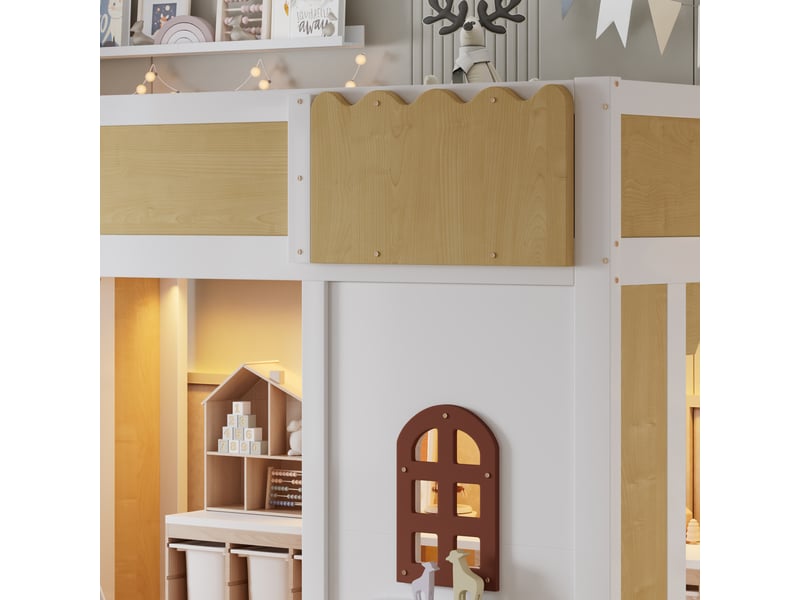  Lit mi-hauteur 90 x 200 cm avec espace de jeu, barrière ondulée, fenêtre, échelle et guirlande lumineuse, bois massif et mdf - blanc et naturel OMNIGLINT TRADING LTD - Conforama E