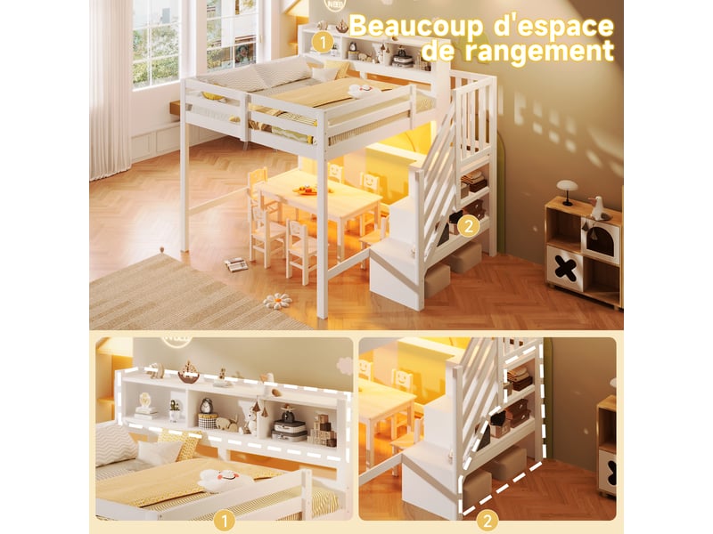  Lit mezzanine 140x200 cm blanc en pin, éclairage led, escalier de rangement, niches ouvertes et espace libre dessous  - Conforama D