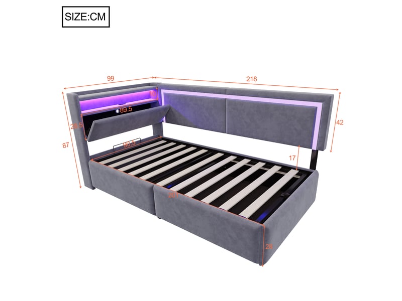 Lit canapé velours gris foncé 90x200 cm avec led, usb et rangement hydraulique - Conforama C
