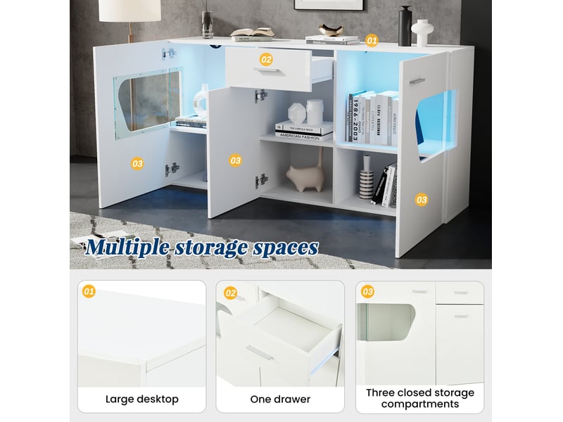  Buffet bas 140x33x70 cm, 3 portes, led intégrée, mdf blanc, design moderne, meuble de rangement pour salon et cuisine  - Conforama E
