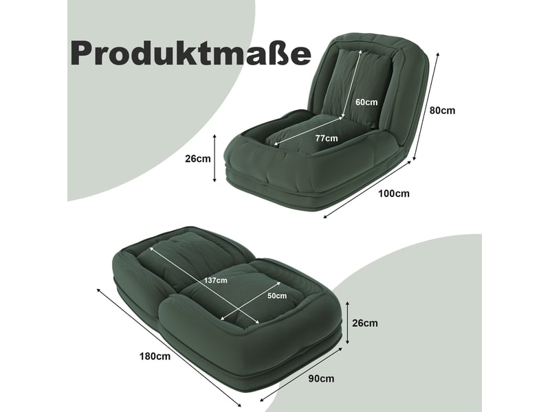 Fauteuil convertible 1 place en tissu vert, pliable et 5 positions, avec 2 coussins, idéal salon chambre  - Conforama C