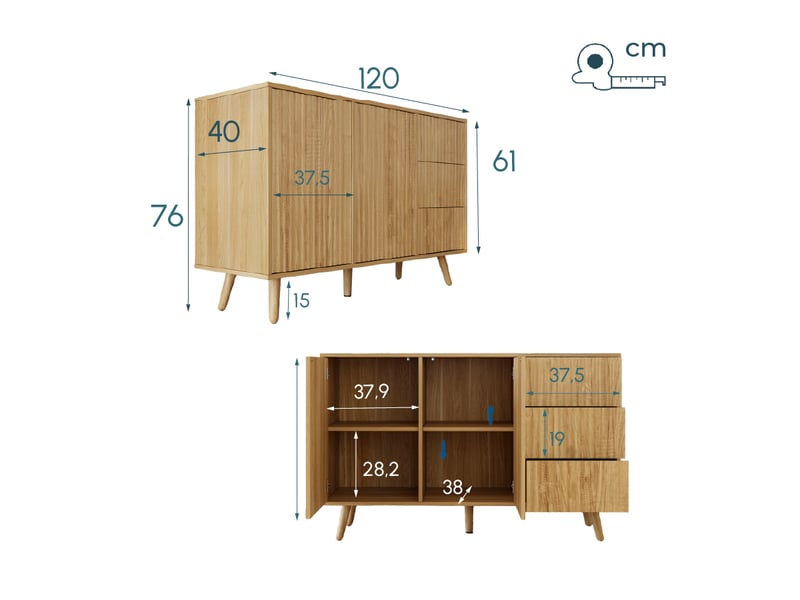  Buffet de salon bas 2 portes 3 tiroirs cannelé | meuble de rangement à rainures | console d'entrée | 120x40x76cm | modèle renzo l | couleur chêne alba Renzo L - Conforama R