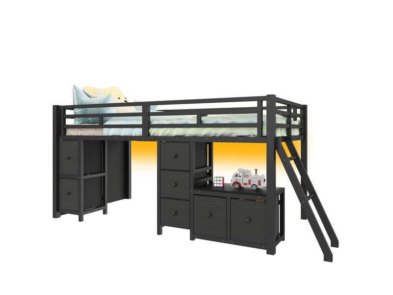  Lit surélevé 90x200 cm avec 7 tiroirs et éclairage led mdf métal noir sans matelas  - Conforama D