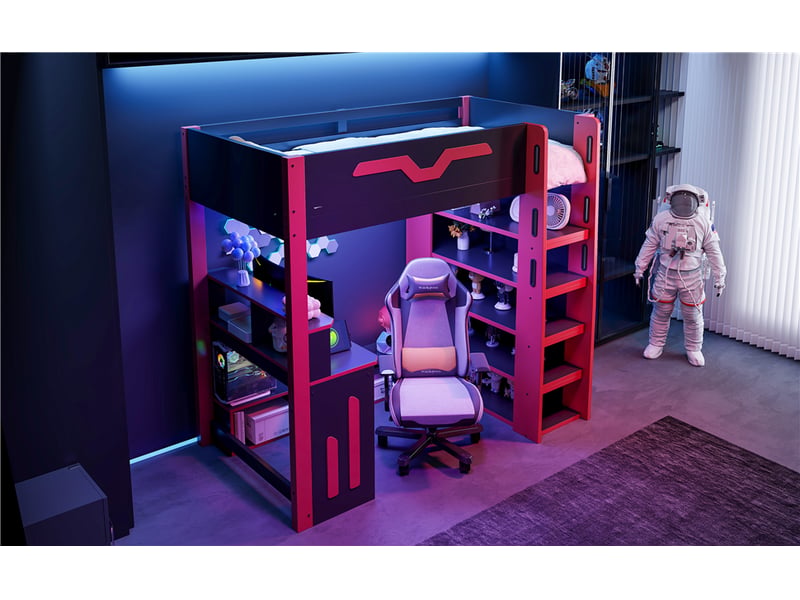  Lit mezzanine enfant 90 × 200 cm, bureau, rangements et led, noir et rouge  - Conforama B