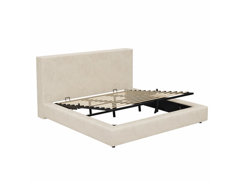 Lit coffre 180 × 200 cm en chenille beige avec sommier relevable Fay Lum - Conforama E