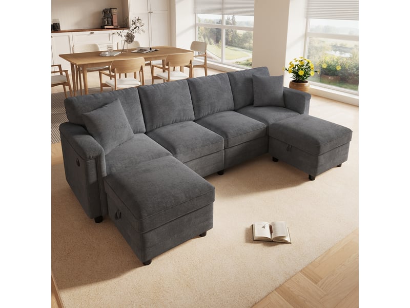 Canapé modulable 4 places en l ou u avec 2 poufs coffre, ports usb et usb-c, tissu chenille gris, 2 coussins déco, 261 x 134 x 82 cm  - Conforama C