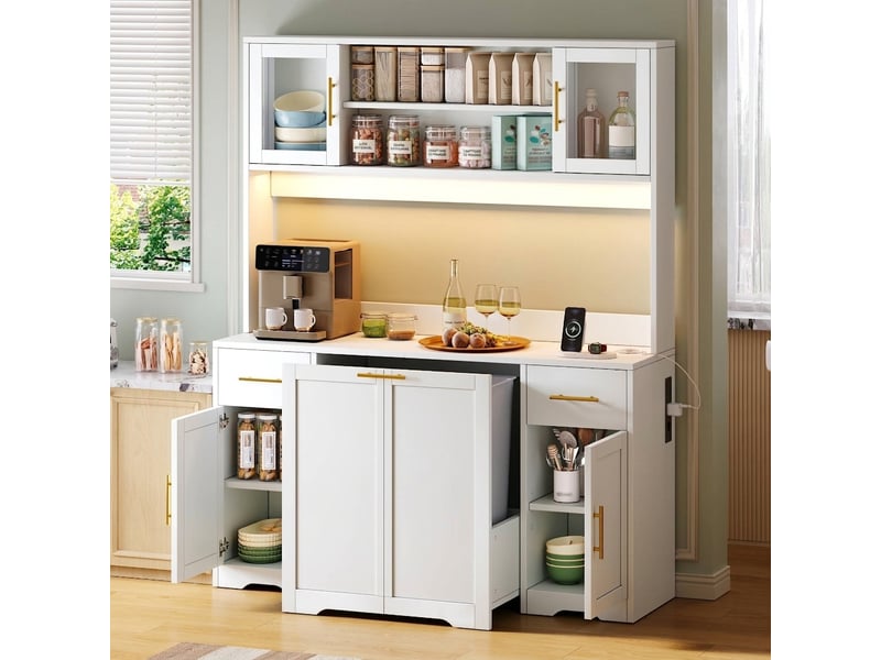 Meuble de cuisine haut blanc avec poubelle coulissante et plan de travail, 140x40x173 cm - Conforama D