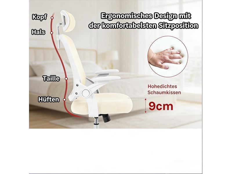  Chaise de bureau ergonomique beige à dossier haut, appui-tête et accoudoirs réglables, confort au travail  - Conforama E