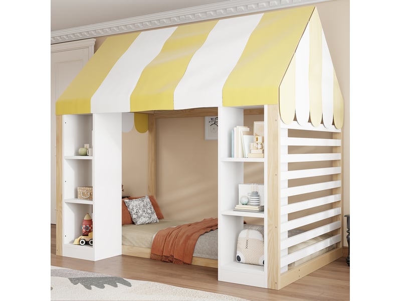  Lit enfant style campagne, 90x200 cm, solution de rangement ouvert, matelas non inclus, bois, coloris blanc et naturel  - Conforama B