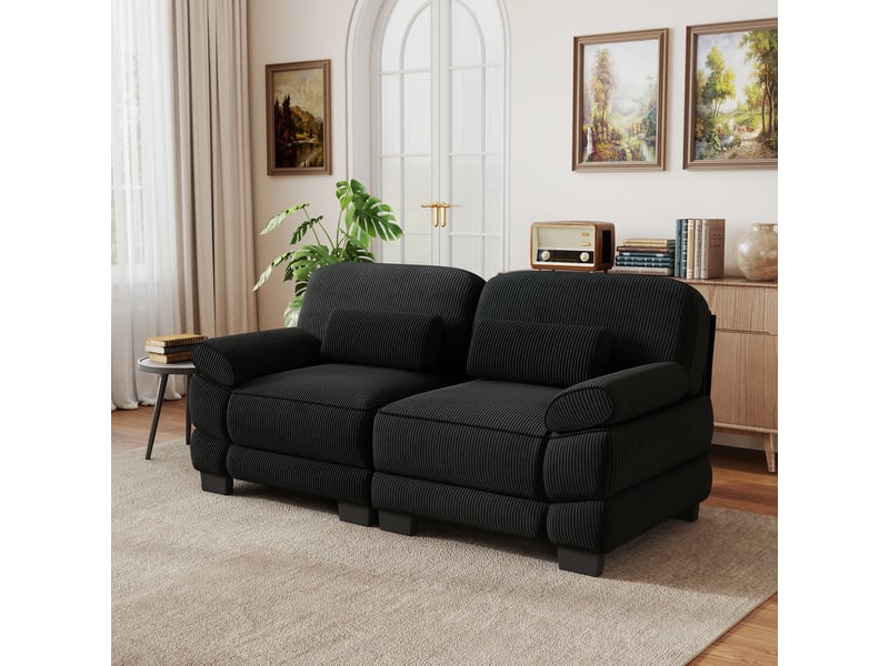 Canapé 2 places moderne modulable, coussin lombaire, assise profonde, cordon cord doux, noir, pour salon et appartement - Conforama B