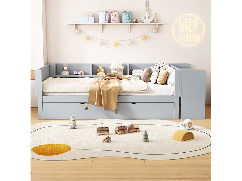  Lit enfant 90x200 cm avec lit gigogne et bureau, coloris gris  - Conforama B