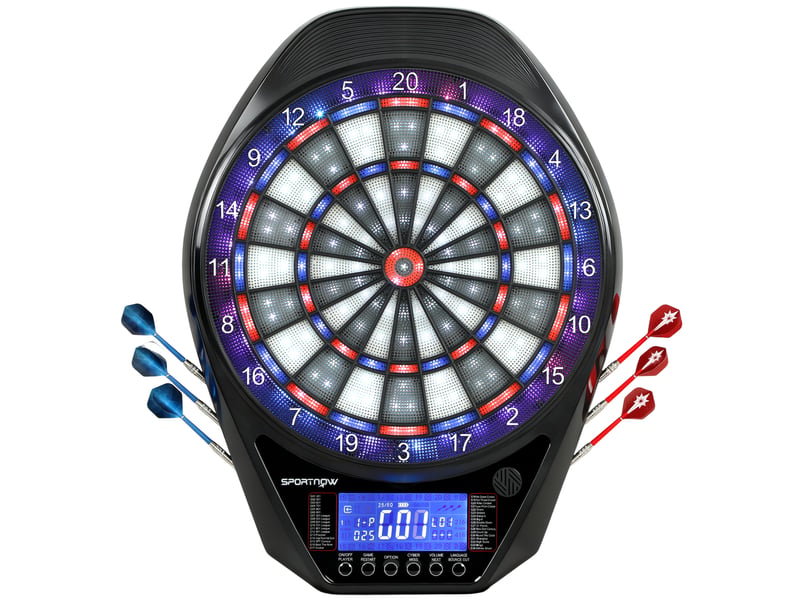  Cible fléchettes électronique 60,5×45,5×3,6 cm, 6 fléchettes pointes souples +24 pointes rechange, écran led, 34 jeux, 2235 programmes, multicolore  - Conforama A
