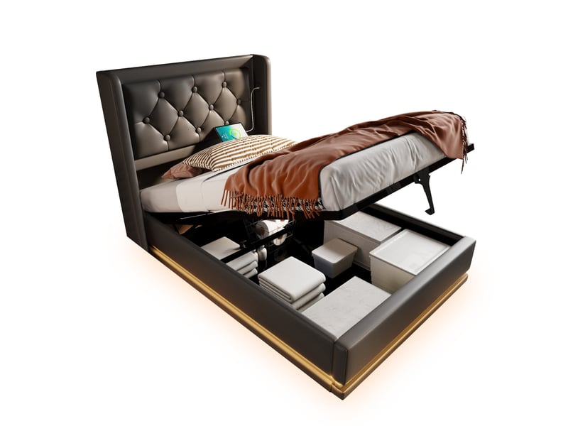  Modenvie lit coffre 90x200 cm - rangement hydraulique, led 3 côtés, avec matelas - noir  - Conforama A