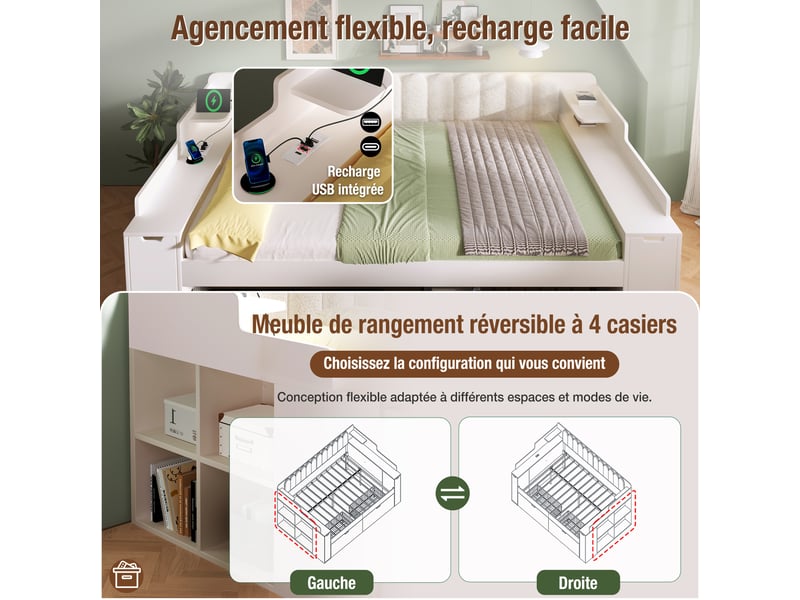  Lit banquette 140 × 190 cm avec rangement intégré, 2 tiroirs, étagères latérales, dossier sherpa, station usb type-c et sommier métallique - blanc  - Conforama D