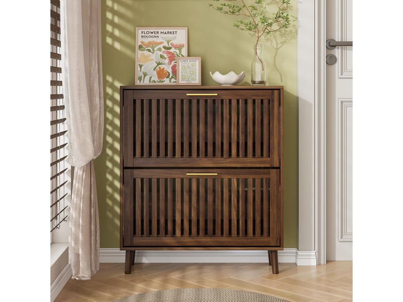  Meuble à chaussures 80 x 24 x 92.5 cm - 2 portes abattantes à grille – style mid-century modern -bois - noyer  - Conforama E