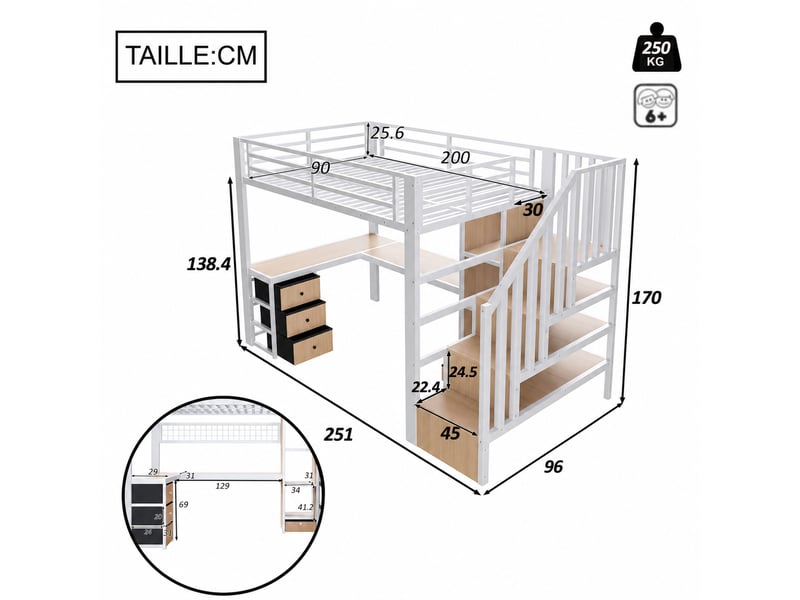 Lit mezzanine lit double 140x200 cm en métal et mdf avec bureau, rangements, led et usb, sans matelas, blanc - Conforama D