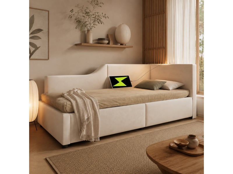  Lit banquette coffre hydraulique 90x200 cm en velours beige avec lampe et usb-c  - Conforama B